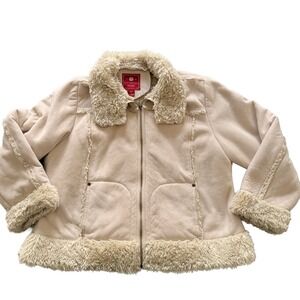 Faux Suede Shearling Trim Zip Jacket Beige B.U.M. Equipment Womens Plus 1X